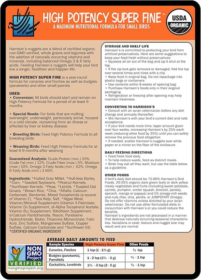 Harrison's Bird Foods High Potency Maximum Nutritional Formula for Small to Medium Birds, Certified Organic Non-GMO Pet Bird Food, Vet-Developed, Suitable for All Life Stages, 454 g/ 1 lb