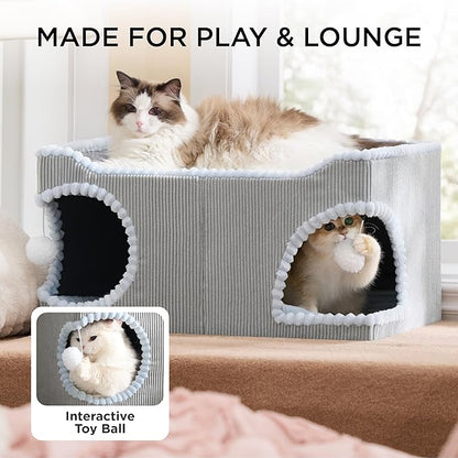 Bedsure Cute Cat Scratcher House for Indoor Cats - Extra Wide Cat Scratch House with Large Removable Top Sisal Pad for Multi Cats, Foldable Cave Hideaway for Entertainment, 23.6x15.9x12.6inches, Grey