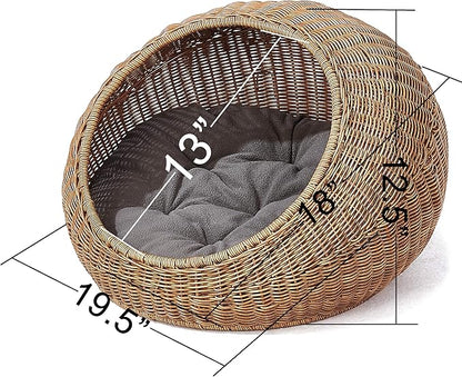 D+GARDEN Wicker Cat Bed Dome for Medium Indoor Cats - a Covered Cat Hideaway Hut of Faux Rattan Houses Pets in Dome Basket, Washable