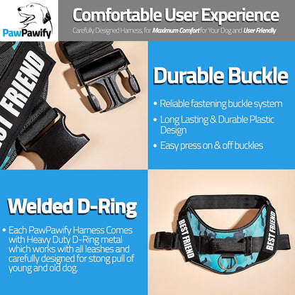 PawPawify Custom No Pull Dog Harness with Name and Phone Number, Heavy Duty Personalized Pet Vest to Prevent Tugging, Pulling, or Choking, Training and Walking (Camouflage Blue, XS (Chest 14-17in))