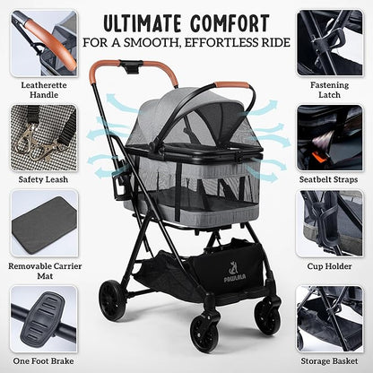 Pet Stroller with Detachable Carrier - Ideal for Small to Medium Dogs & Cats - Compact & Convenient Design - Easy Assembly Pet Stroller for Cats, Dog Strollers for Small Dogs - Metallic Gray