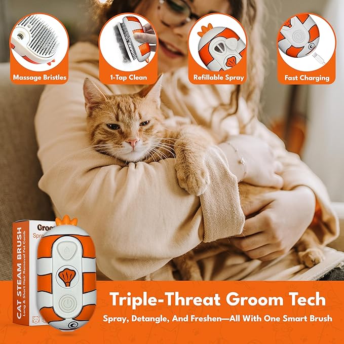 Cat Steam Brush for Shedding – 3-in-1 Grooming Tool with Mist Spray, Anti-Static, USB Rechargeable – One-Click Clean Brush for Cats and Dogs of All Fur Types