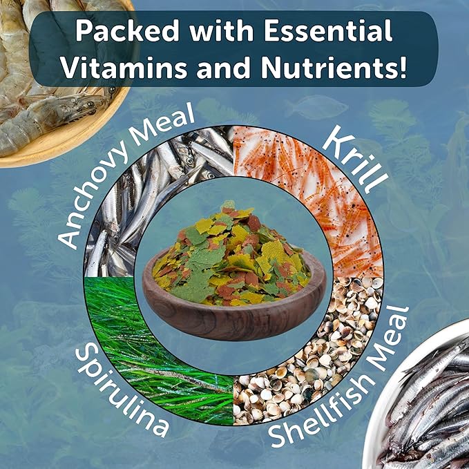 Aquatic Foods Inc. Premium Tropical Fish Flakes, for Angel Fish, Guppies, Live Bearers, Loaches, Gouramis, Cichlids, All Tropical Fish. 12-Type pellets and 4-Type Wafers Included 2.65oz Canister