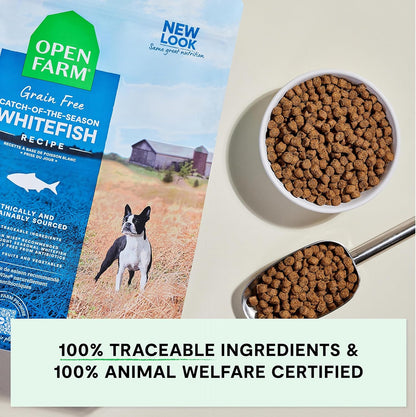 Open Farm, Grain-Free Dry Dog Food, Complete & Balanced Kibble, Sustainably & Ethically Sourced Ingredients, Non-GMO Veggies & Superfoods, Catch-of-The-Season Whitefish Recipe, 22lb Bag