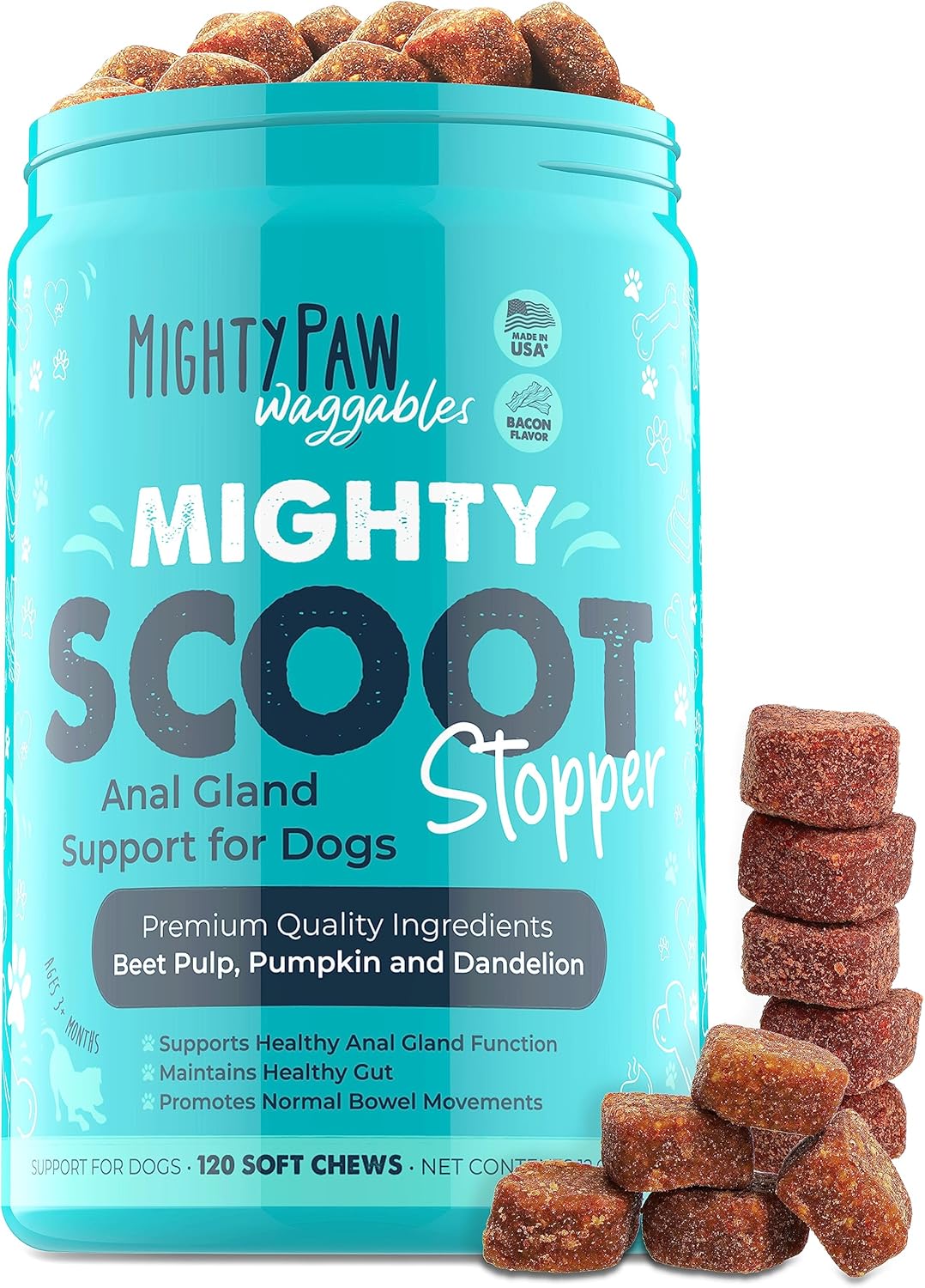 Mighty Paw Waggables Mighty Scoot (Made in USA) | Dog Digestive Support Anal Gland Chews. Anal Gland Scoot for Dogs. Beet Pulp & Pumpkin Fiber Supplements. Pet Bowel Gut Health (120 Count)