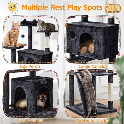 Yaheetech Larget Cat Tree, 80in Multi-Level Cat Tower with Cat Scratching Posts, Double Cat Condo, Perched Platforms and Dangling Balls, Cat Activity Center for Kittens Pet, Black