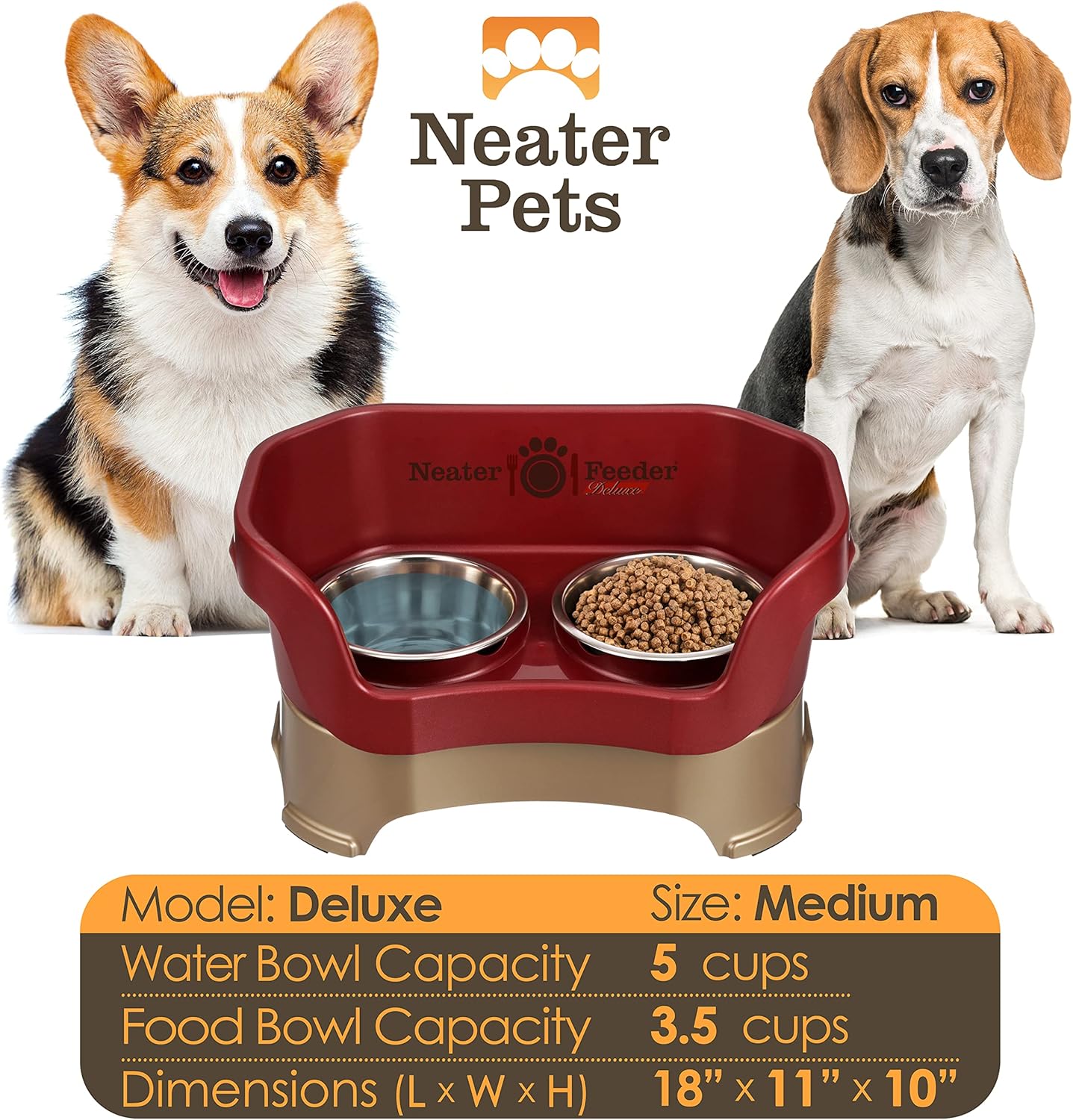 Neater Pet Brands Neater Feeder Deluxe Mess Proof Dog Bowls Elevated for Medium Dogs 19-40 lbs, Made in USA, No Spill Raised Dog Food Bowl Stand Feeding Station, Food and Water Bowl Set, Cranberry