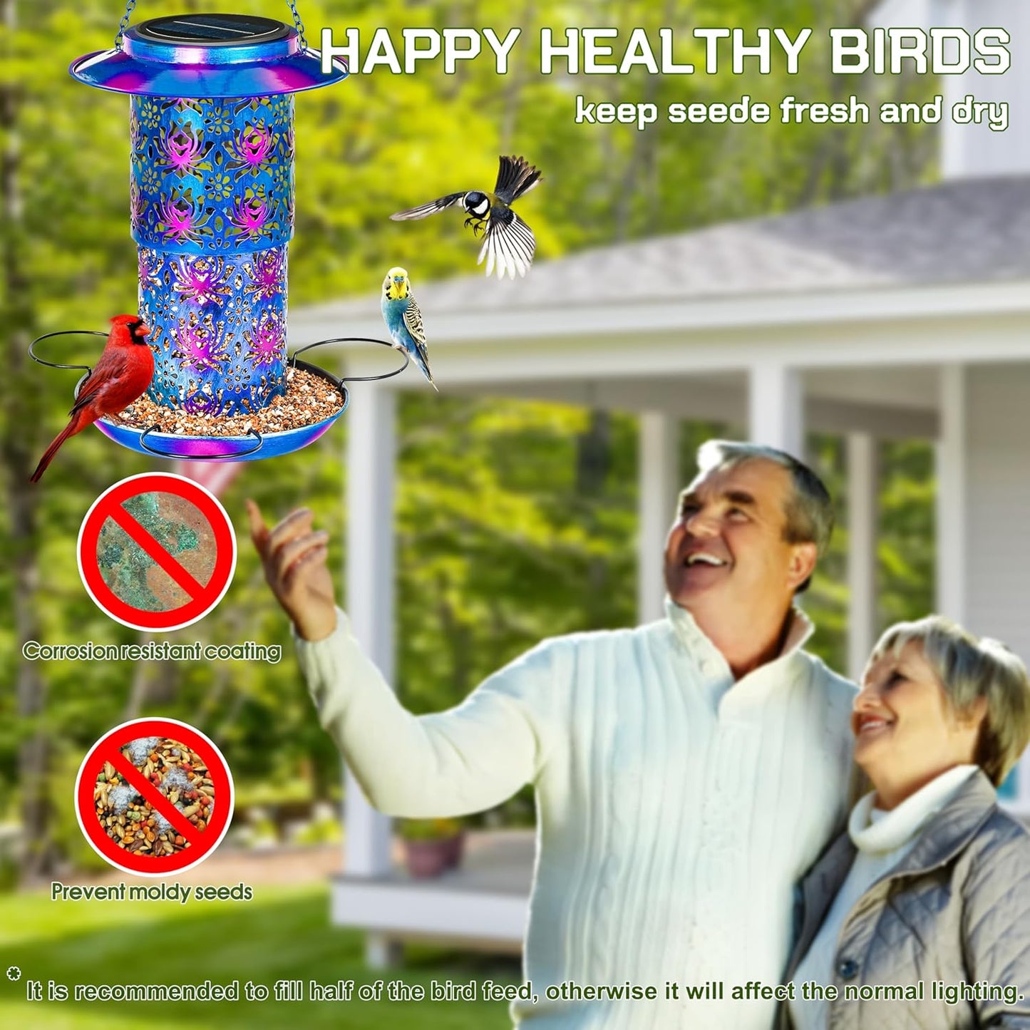 XDW-GIFTS Bird Feeder for Outdoors Solar Hanging Bird Feeder Bird House with Cardinal Feeder Large Capacity Metal Wild Bird Feeder for Garden Decor Unique Gifts & Patio Decor (Blue, 10.5 INCH)