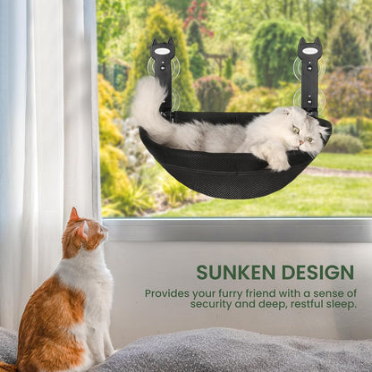 Cat Window Perch, Foldable Cat Hammock with Sunken Design, Breathable Cordless Window Bed with Stud Metal Frame for Large Cats and Kitten (Black Deep Perch, Medium)