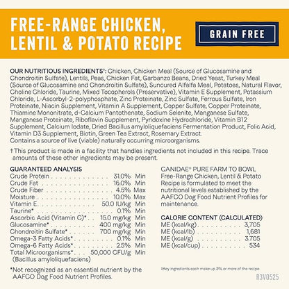 Canidae Pure Farm to Bowl Free-Range Chicken, Lentil & Potato Grain-Free Dry Dog Food, Adult, 22lb