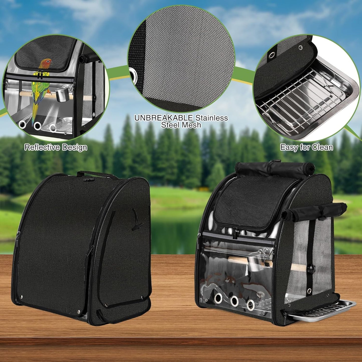 Sanmoncare Bird Carrier Backpack with Stainless Steel Mesh, Parrot Travel Cage with Stand, Easy to Clean, Portable Conures Travel Bag, Pet Breathable Travel Cage