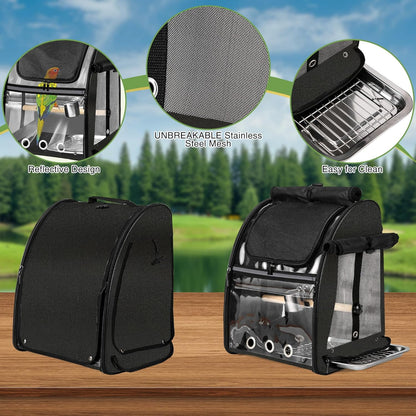 Sanmoncare Bird Carrier Backpack with Stainless Steel Mesh, Parrot Travel Cage with Stand, Easy to Clean, Portable Conures Travel Bag, Pet Breathable Travel Cage