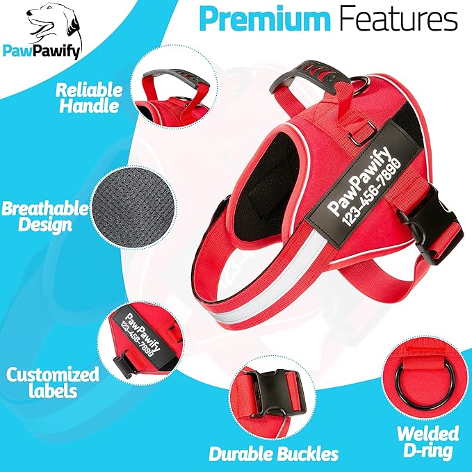 PawPawify Custom No Pull Dog Harness with Name and Phone Number, Heavy Duty Personalized Pet Vest to Prevent Tugging, Pulling, or Choking, Training and Walking (New Red, XS (5-9LBS))