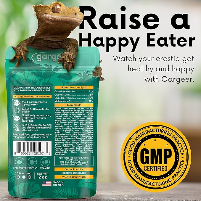 2oz Complete Crested Gecko Food Diet. Premium Mix, Ready to Use Freshly Made Powder. Unique Formula, Developed & Made in The USA. Enjoy! (Fruit Blend)