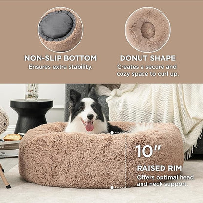 Bedsure Calming Dog Beds Large Sized Dog - Donut Washable Large Pet Bed, 36 inches Anti-Slip Round Fluffy Plush Faux Fur Dogs Bed, Fits up to 80 lbs Pets, Camel