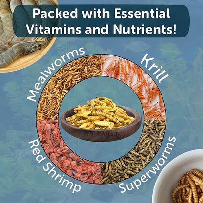 Aquatic Foods Inc. 4-Type Medley Mix of Freeze Dried Superworms, Krill, Red Shrimp, Mealworms for Monster Fish, Reptiles, Turtles, Tortoises, Frogs, Hamsters, Birds, Rodents 2oz Canister