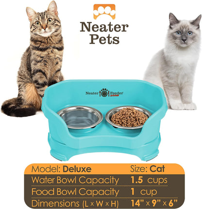 Neater Feeder Deluxe Mess Proof Cat Bowls Elevated for All Breeds – Made in USA – No Spill Raised Bowls for Indoor Cats – Stainless Steel Food and Water Bowl Set, Pet Dish Feeding Station, Aquamarine