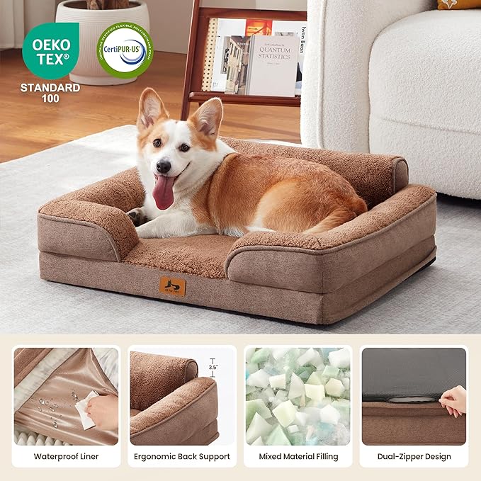 Orthopedic Dog Beds for Medium Size Dogs, Waterproof Egg-Crate Foam Pet Couch Bed with Soft Sides, Non-Slip Dog Sofa with Fleece Removable Washable Cover, 28" L Supportive Pet Sofa, Brown