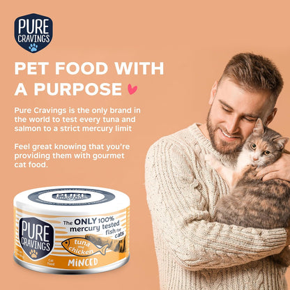 Pure Cravings Minced Tuna and Chicken Wet Canned Cat Food, 100% Mercury-Tested, Moist Can Fish for Cats, Grain-Free, Protein, Non-GMO, 3oz, Pack of 12