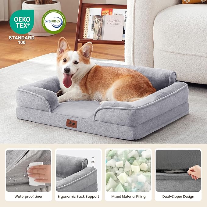 Orthopedic Dog Beds for Large Sized Dogs, Waterproof Egg-Crate Foam Pet Couch Bed with Soft Side, Non-Slip Dog Sofa with Flannel Removable Washable Cover, 35"L Supportive Pet Sofa, Light Grey