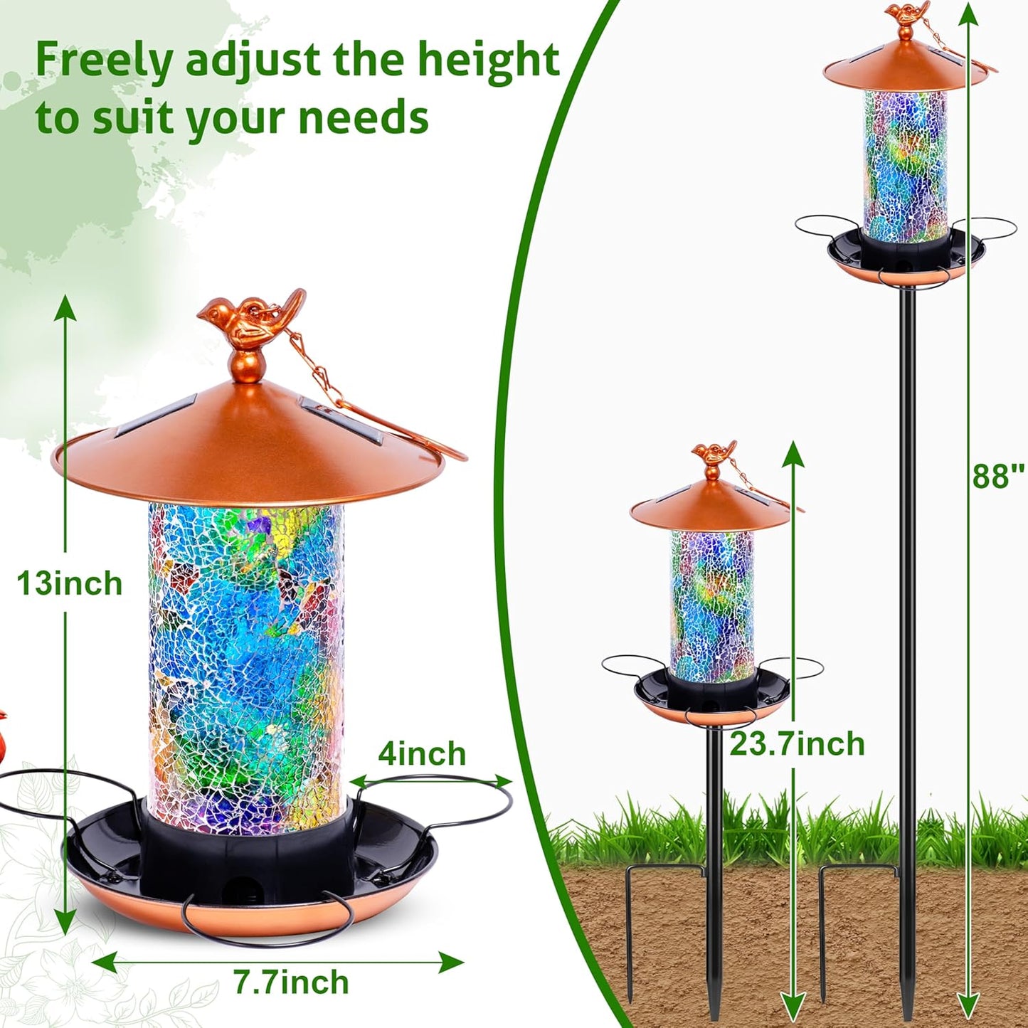 XDW-GIFTS Mosaic Solar Wild Bird Feeder with Pole Kit, Waterproof Lantern Design with Adjustable Heavy-Duty Bird Feeder Post for Outside, Garden- Unique Gifts for Mom,Women, Grandma,Bird Lovers