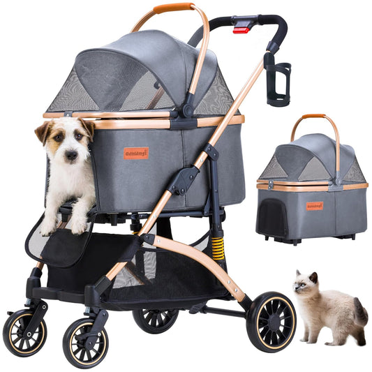 Pet Stroller for Small Medium Dogs, Lightweight Small Dog Stroller for Dogs Cats with 6 Shock Absorption System, Detachable Carrier Suitable for Car Seat & Hand Carry, Safe Outings, Gray