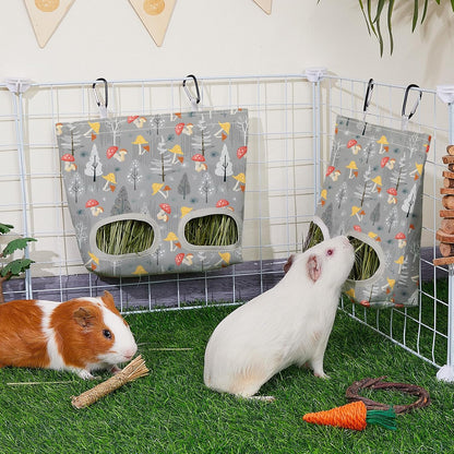 Glittme 2 Pack Guinea Pig Hay Feeder, 11.5x9 Inch Hay Bag for Rabbits, Hanging Hay Holder for Guinea Pigs Cage Hay Feeder for Bunny, Small Pets,Grey Mushroom