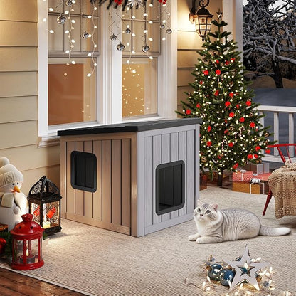 Outdoor Cat House, Cat Houses for Outdoor Indoor Cats, Clawsable Cat House Weatherproof, Feral Cat Shelter, Resin Insulated Material, Emergency Exit Easy to Clean and Install, Black