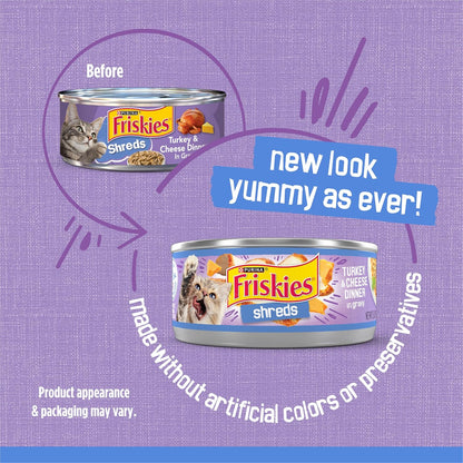 Purina Friskies Shreds Turkey and Cheese Dinner in Gravy High Protein Wet Cat Food - (Pack of 24) 5.5 oz. Cans
