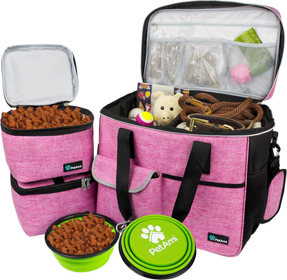PetAmi Dog Travel Bag - Travel Pet Organizer with Food Container and Bowls, Perfect for Weekend Camping, Cat Diaper Bag (Pink, Large)