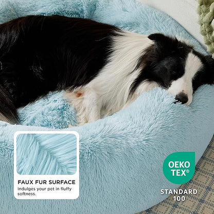 Bedsure Calming Dog Bed for Large Dogs - Donut Washable Large Pet Bed, 36 inches Anti-Slip Round Fluffy Plush Faux Fur Dog Bed, Fits up to 80 lbs Pets, Aqua Blue
