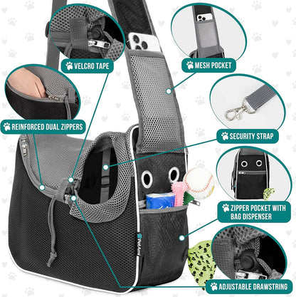 PetAmi Small Dog Sling Carrier, Soft-Sided Crossbody Puppy Carrying Purse Bag, Adjustable Sling Pet Pouch to Wear Medium Dog Cat Travel, Dog Bag for Traveling, Poop Bag Dispenser, Max 10 lbs, Black