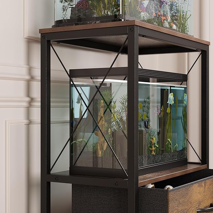 10 Gallon Aquarium Stand with 2-Tier Shelf Fish Tanks Stand with 2 Drawers Metal Frame Heavy Duty Reptile TurtleTank Stand with Storage for Home Offic Fish Tank Accessories Storage, Brown