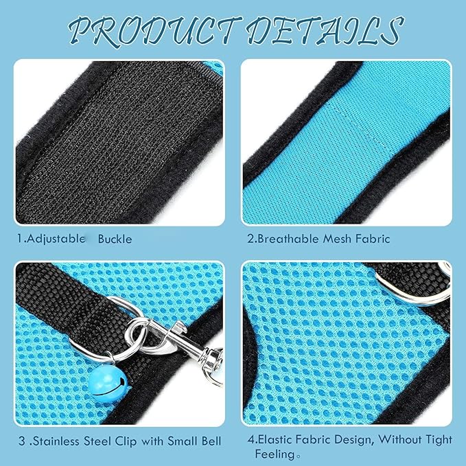 SATINIOR 2 Pieces Guinea Pig Clothes Baby Ferret Rats Hamster Soft Mesh Harness Leash Vest Set with Bell for Guinea Pigs, Hamster, Ferret, Rabbit, Chinchilla and Similar Small Animals(Blue, Black,M)