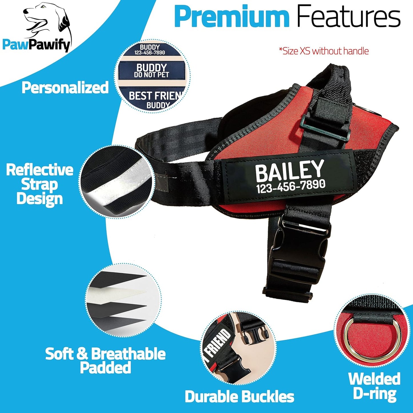 PawPawify Custom No Pull Dog Harness with Name and Phone Number, Heavy Duty Personalized Pet Vest to Prevent Tugging, Pulling, or Choking, Training and Walking (Red, XS (Chest 14-17in))
