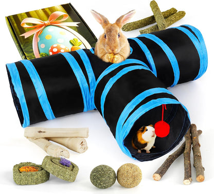 Bunny Tunnels & Tubes Collapsible 3 Way Rabbit Hideout with 13pcs Toys for Bunny Guinea Pig Hamster Chinchilla Hedgehog Rat Ferret Kitten (BK&BU)