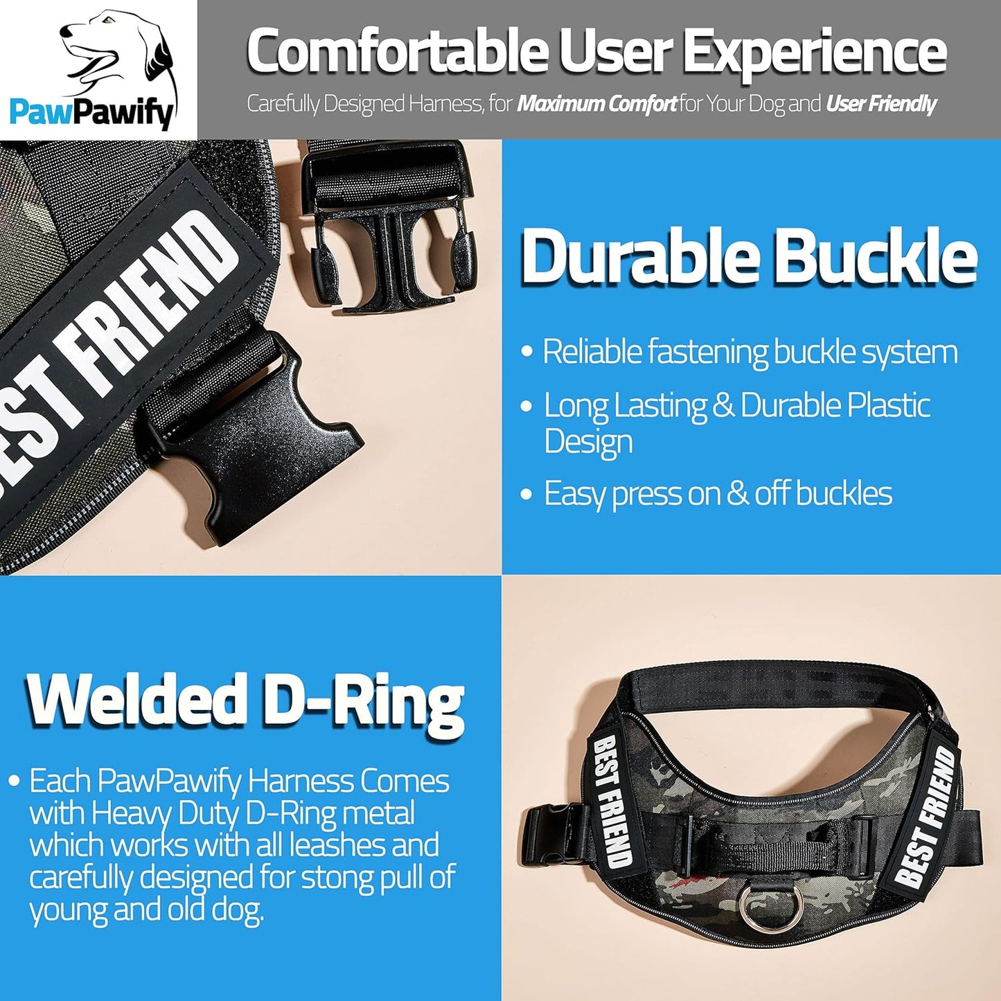 PawPawify Custom No Pull Dog Harness with Name and Phone Number, Heavy Duty Personalized Pet Vest to Prevent Tugging, Pulling, or Choking, Training and Walking (Camouflage Green, S (Chest 16-21in))