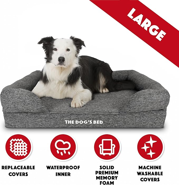 The Dog’s Bed, Large Grey Linen, Memory Foam, Pain Relief: Arthritis, Hip & Elbow Dysplasia, Post Surgery, Lameness, Supportive, Calming, Waterproof Washable Cover