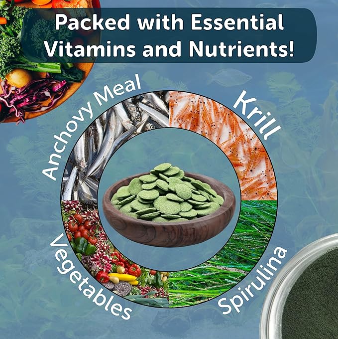 Aquatic Foods Inc. 12mm - 1/2" Small Sinking Wafers of Spirulina, Algae & Veggies for Plecos, Catfish, Shrimp, Snails, Crayfish, 12-Type Pellet Mix & 4-Type Wafer Mix Included 9.85oz Canister