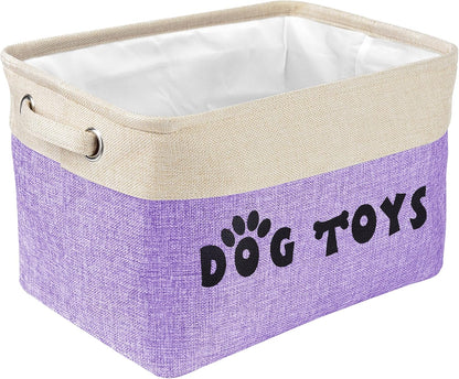 PET ARTIST Dog Toy Basket, Collapsible Dog Toy Bin Box with Comfortable Handles, Large Pet Toy Storage Basket Organizer for Accessories, Toys, Coat & Clothing, Blanket & Leash, Purple, 15"x11"x9"