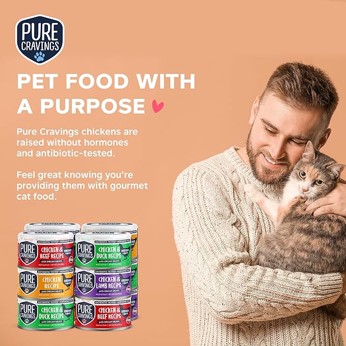 Pure Cravings Chicken Recipe in Broth, Shredded Wet Cat Food, Variety Flavor Pack: Chicken, Lamb, Duck, Beef; Grain-Free Protein, Non-GMO