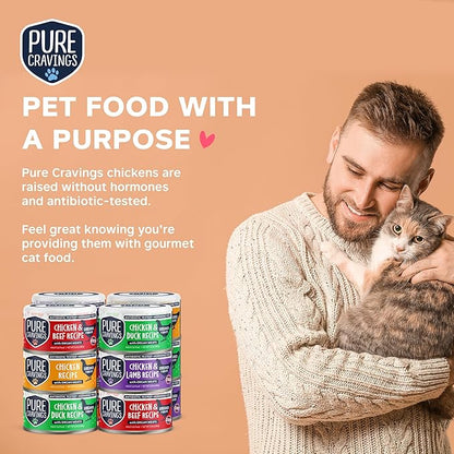 Pure Cravings Chicken Recipe in Broth, Shredded Wet Cat Food, Variety Flavor Pack: Chicken, Lamb, Duck, Beef; Grain-Free Protein, Non-GMO