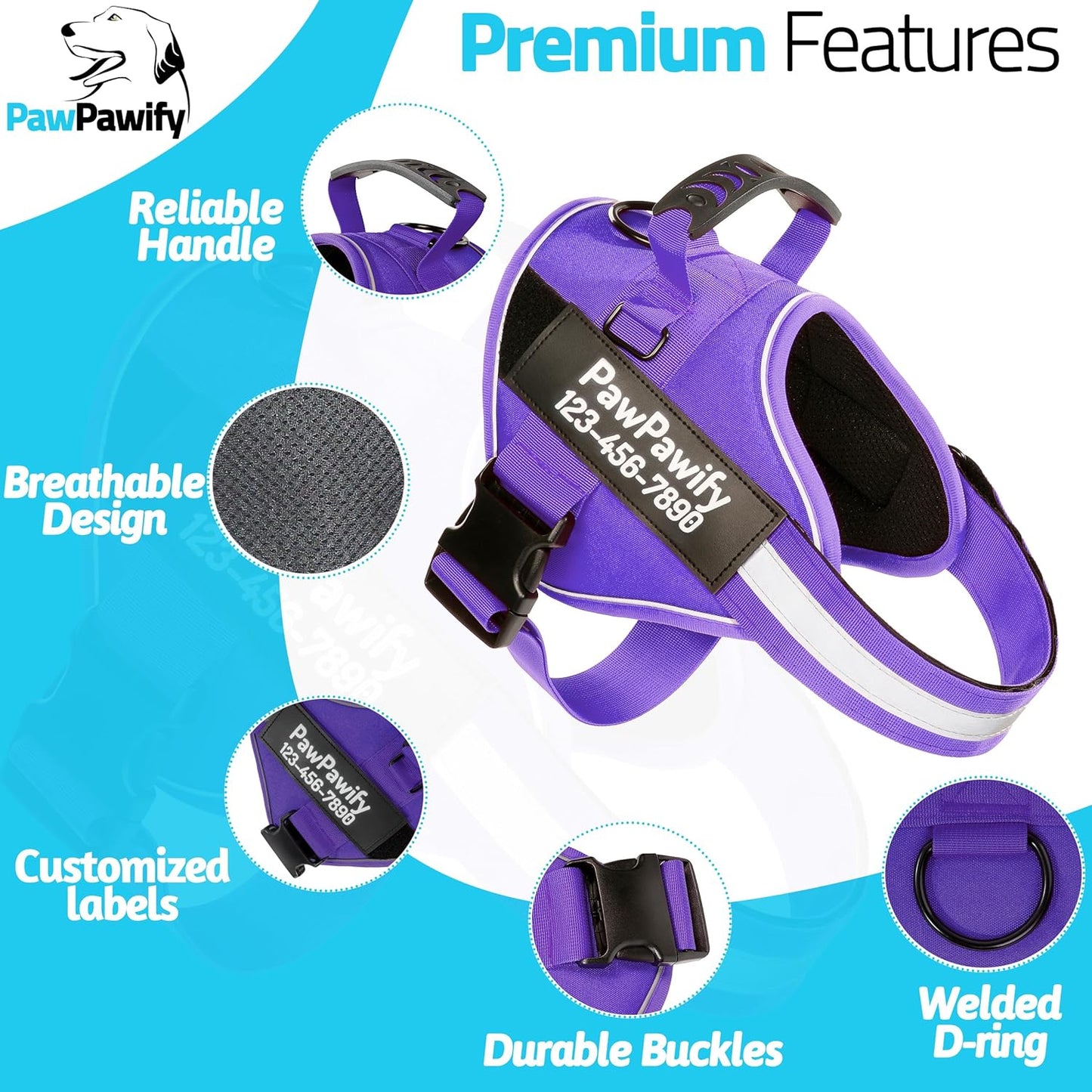 PawPawify Custom No Pull Dog Harness with Name and Phone Number, Heavy Duty Personalized Pet Vest to Prevent Tugging, Pulling, or Choking, Training and Walking (New Purple, XXL (Chest 36-42in))