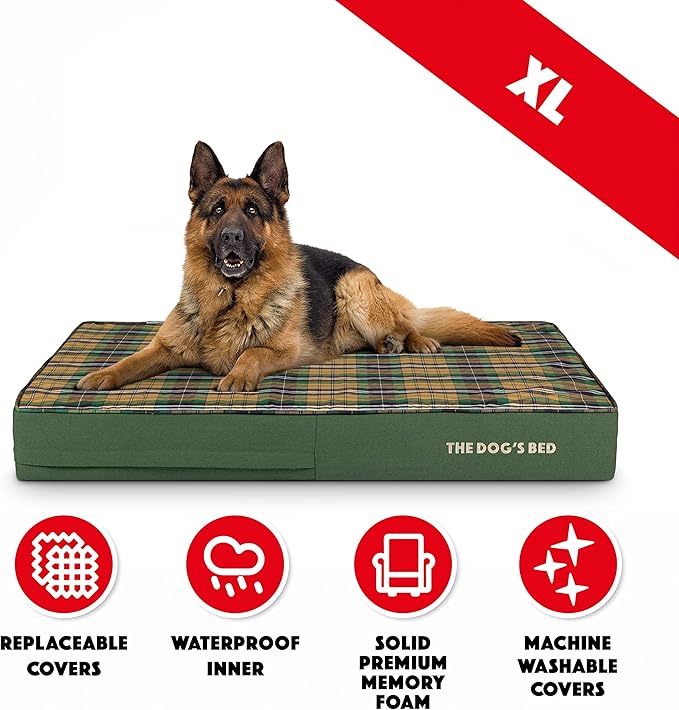 The Dog’s Bed Orthopedic Memory Foam Dog Bed, XL Green Tartan, Pain Relief for Arthritis, Hip & Elbow Dysplasia, Post Surgery, Lameness, Supportive, Calming, Waterproof Washable Cover