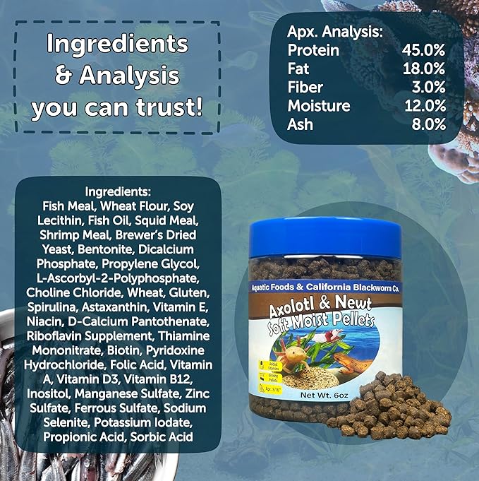 Aquatic Foods Inc. Axolotl Pellet Food 3/16" Soft Moist Sinking Pellets for Juvenile Axolotl Also Shrimp, Snails, Crayfish, Bottom Tropical Fish, Blackworm Pellets Included 12oz Canister