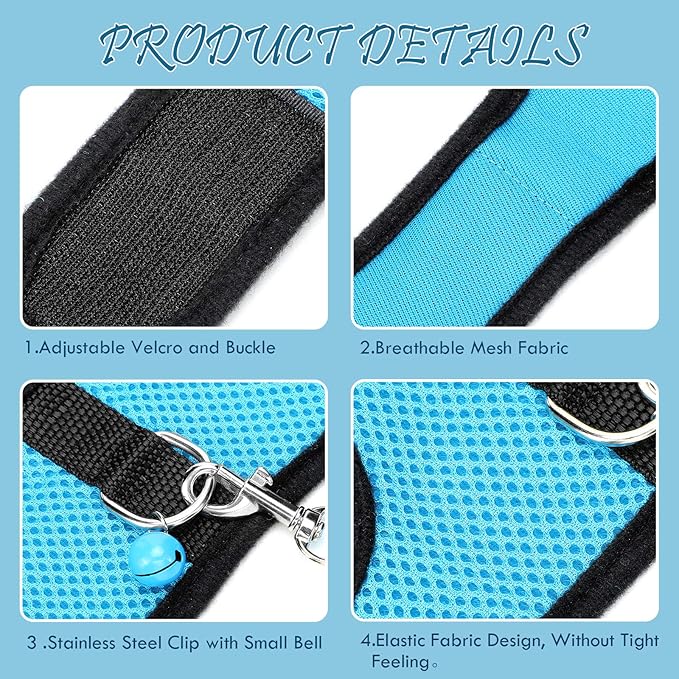 SATINIOR 2 Pieces Guinea Pig Clothes Baby Ferret Rats Hamster Soft Mesh Harness Leash Vest Set with Bell for Guinea Pigs, Hamster, Ferret, Rabbit, Chinchilla and Similar Small Animals(Blue, Black,L)