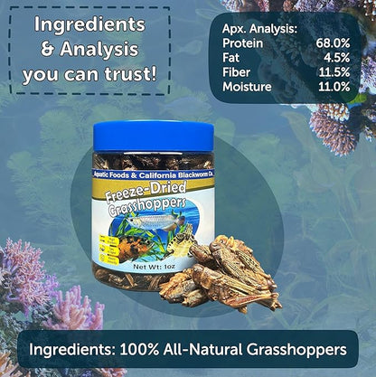 Aquatic Foods Inc. Grasshoppers, Freeze Dried Grasshoppers for Large Tropical Fish, Monster Fish, Reptiles, Turtles, Tortoises, Frogs, Hamsters, Birds, Rodents 4.3oz Canister