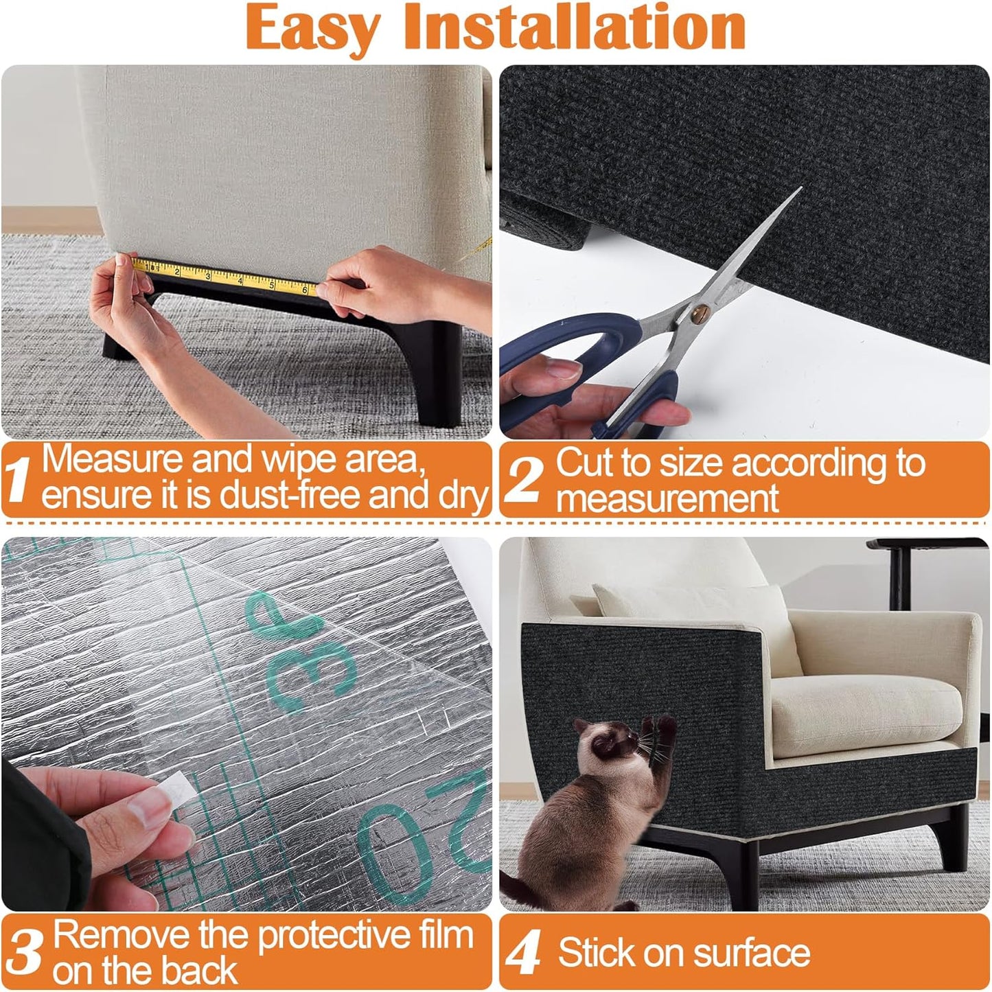 Cat Scratch Furniture Protector - 100" x 13.8" Trimmable Self-Adhesive Cats Claws Scratch Pads, DIY Cat Climbing Couch Protector for Scratch Post Cat Tree Replacement Indoor (Black)