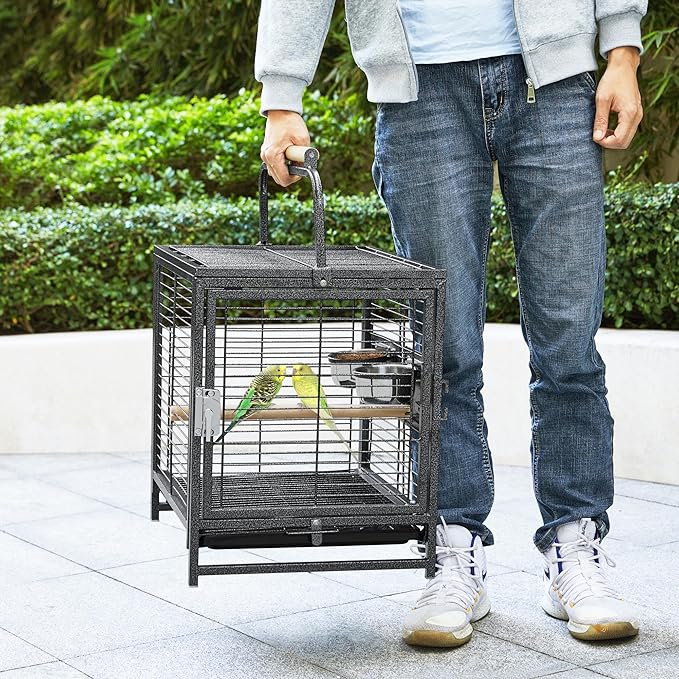 Yaheetech 25.5'' Wrought Iron Bird Travel Carrier Cage Parrot Cage with Handle Wooden Perch & Seed Guard for Small Parrots Canaries Budgies Parrotlets Lovebirds Conures Cockatiels