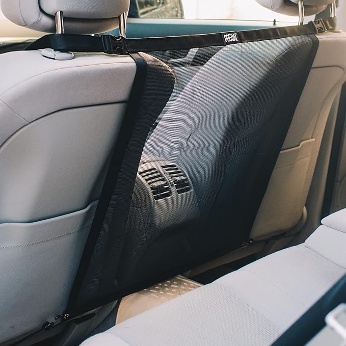 Dog Car Net Barrier - Universal Fit Sturdy Mesh, Easy to Install, Convenient for Air Conditioning, Easy to Clean & with Flexible Bungee Cords for Seat Movement